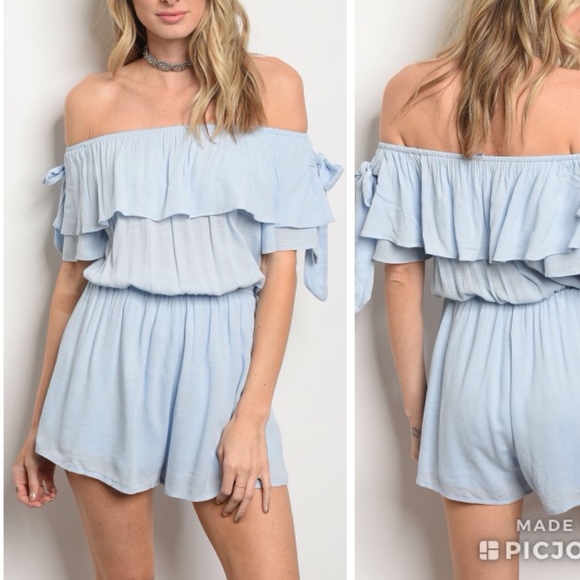 Pants - 1 LEFT! Little Blue off shoulder Romper.